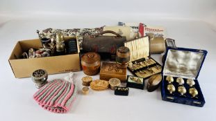 2 X BOXES OF ASSORTED COLLECTIBLES TO INCLUDE STONEWARE HOT WATER BOTTLES, BAROMETER,