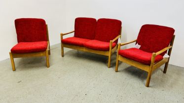 RETRO ERCOL THREE PIECE LOUNGE SUITE COMPRISING OF TWO SEATER, ARM CHAIR AND EASY CHAIR,