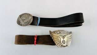 2 VINTAGE BELTS TO INCLUDE BUCKLES SKY HIGH AND EAGLE.