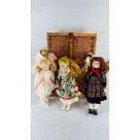 WICKER BASKET CONTAINING A QUANTITY OF COLLECTORS DOLLS.