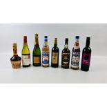 8 BOTTLES OF MIXED WINES AND SPIRITS TO INCLUDE 1 X CAVA, 1 X PEACH BRANDY, 1 X MERLOT,