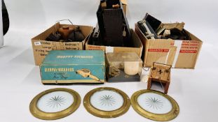3 BOXES CONTAINING COLLECTIBLES TO INCLUDE JOHN RABONE & SON'S TAPE MEASURE,