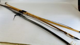 3 X VARIOUS LONG BOWS INC. A KOMP BOW ETC. 2 IN GREEN SLEEVES - NO POSTAGE OR PACKING.