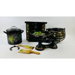 A GROUP OF BARGE WARE COMPRISING A SET OF SCALES, CAULDRON, TWO HANDLED LIDDED STORAGE CANISTER,