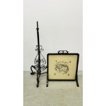 AN ORIENTAL FIRE SCREEN FRAMING AN EMBROIDERED DRAGON - 62CM W X 72CM H ALONG WITH A VINTAGE