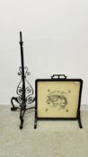 AN ORIENTAL FIRE SCREEN FRAMING AN EMBROIDERED DRAGON - 62CM W X 72CM H ALONG WITH A VINTAGE