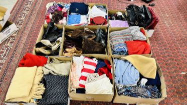 13 BOXES CONTAINING AN EXTENSIVE COLLECTION OF MAINLY WOMEN'S CLOTHING, BAGS, SHOES, SCARVES,