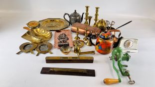 A BOX OF METAL WARES TO INCLUDE MAINLY BRASS SOUVENIR PHOTO FRAMES, ENAMELED TEAPOT,