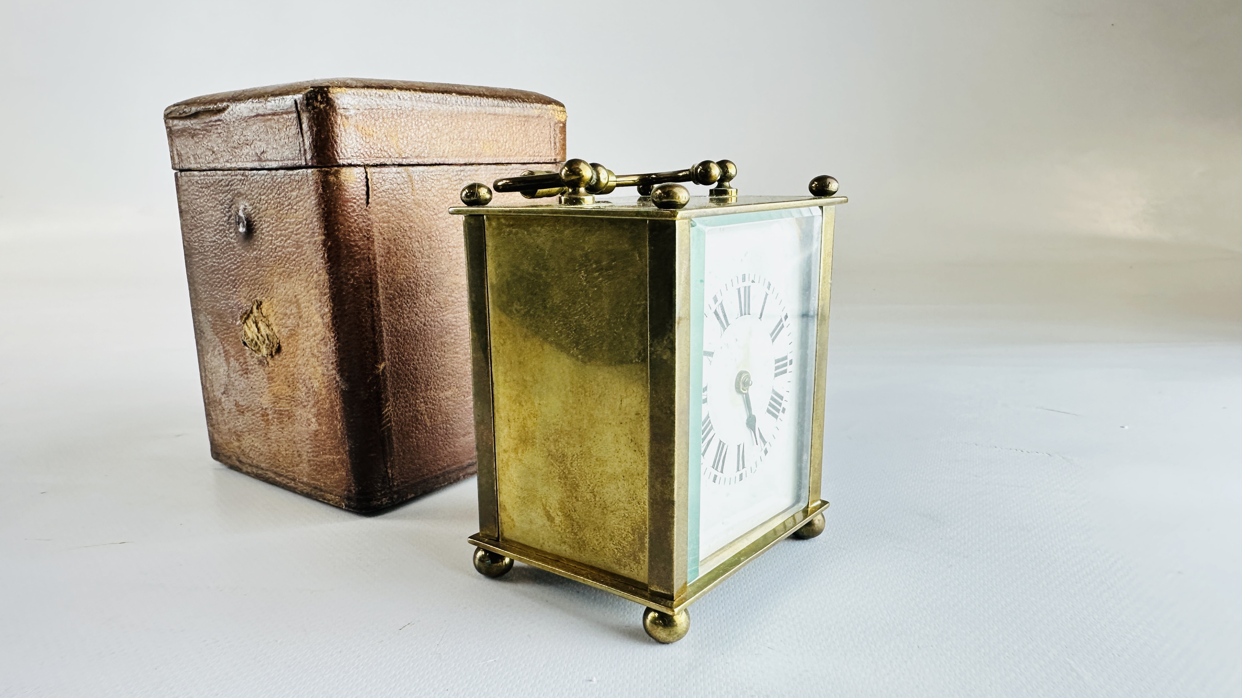 FRENCH CARRIAGE CLOCK IN FITTED LEATHER CASE AND KEY. - Image 2 of 12