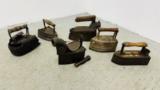 A GROUP OF 6 VINTAGE CAST IRONS TO INCLUDE JAMES KEITH AND BLACKMAN COLTD DALLI ETC.