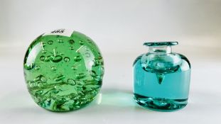 LARGE DUMP GREEN PAPERWEIGHT AND AQUA DUMP INKWELL