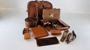 BOX OF MIXED LEATHER ITEMS TO INCLUDE CASES, COLLAR BOX, BRUSH SETS, BAGS ETC.