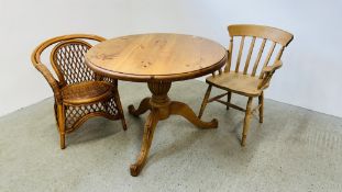 SOLID PINE PEDESTAL DINING TABLE DIAMETER 105CM, BEECHWOOD ELBOW CHAIR AND BAMBOO FRAMED CHAIR.