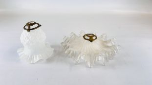 VINTAGE FRILLED GLASS PENDANT LIGHT SHADE AND ONE FURTHER GLASS SHADE.