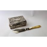 A SILVER TRINKET BOX PLUS A SILVER BUTTER KNIFE BY 'GEORGE UNITE'.