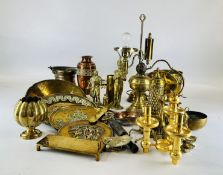 TWO BOXES OF BRASS WARES TO INCLUDE TRIVET, BRASS FIGURE OF A GAUD, FIGURE OF A BLACK SMITH, PLATES,