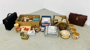 A BOX OF ASSORTED VINTAGE TINS, 2 BOXES OF STONEWARE TO INCLUDE HOT WATER BOTTLES AND ASHDALE TEA,