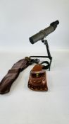 A GOOD QUALITY LEATHER HOLSTER WITH POUCH, A LEATHER HOLSTER AND A GREENKAT 22 X 60 SPOTTING SCOPE.