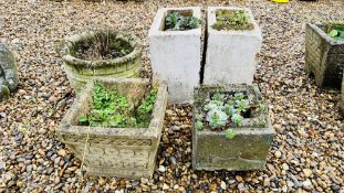 PAIR OF CONCRETE PLANTERS AND 3 OTHER STONEWROK PLANTERS INCLUDING SQUARE FORM.