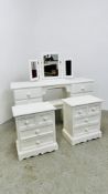 A WHITE PAINTED PINE 8 DRAWER DRESSING TABLE WITH VANITY MIRROR AND A PAIR OF WHITE PAINTED PINE 4