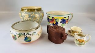 A GROUP OF SUNDRY CHINA TO INCLUDE A STONEWARE JARDINIERE, ROYAL DOULTON CHAMBER POT D6219,