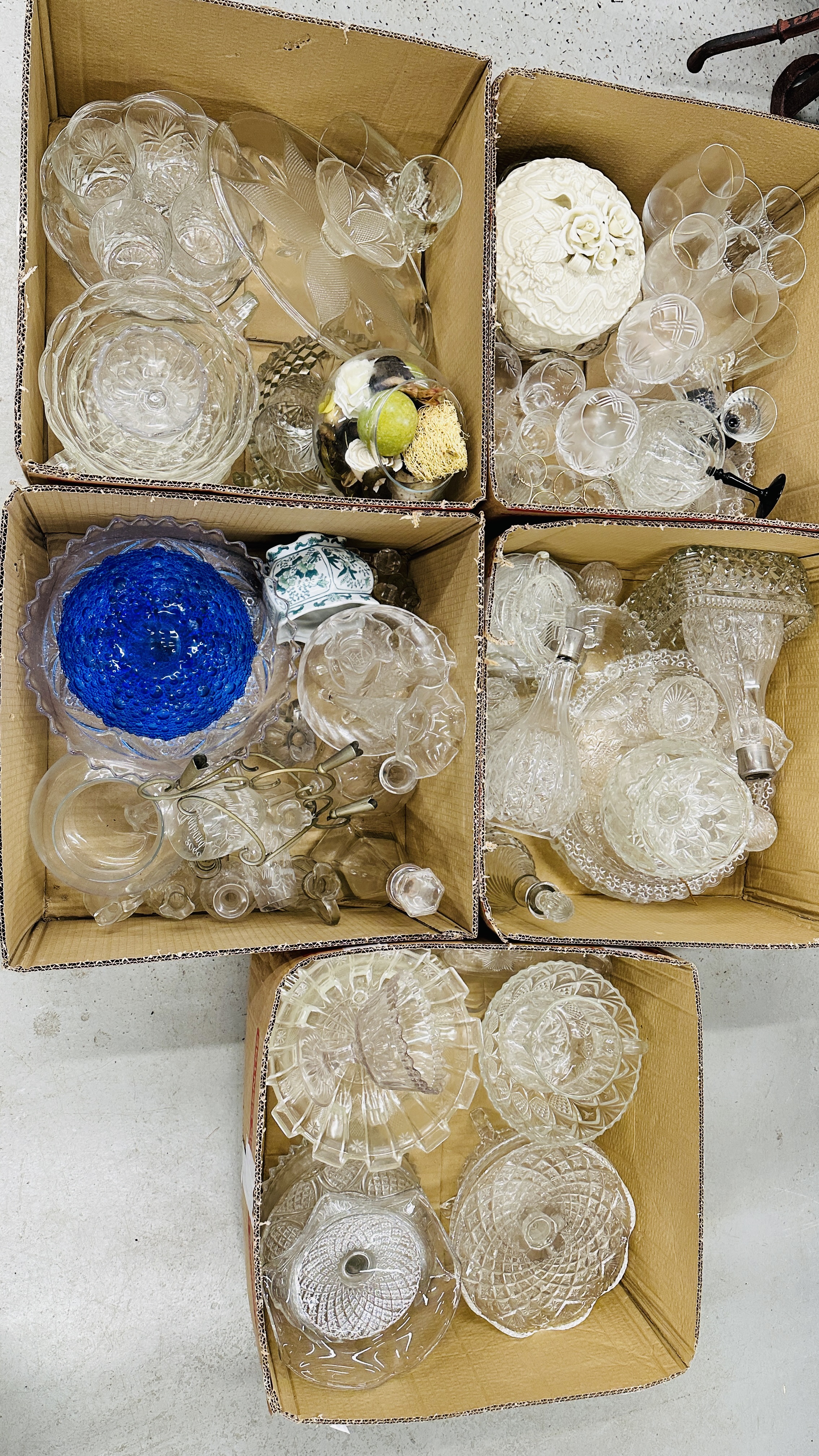 FOUR BOXES CONTAINING AN EXTENSIVE COLLECTION OF PRESSED GLASSWARE TO INCLUDE TAZZA'S, DECANTERS,