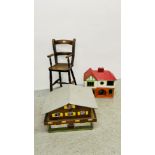 TWO VINTAGE WOODEN CRAFTED DOLLS HOUSES, RED ROOF 46CM X 24CM,