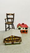 TWO VINTAGE WOODEN CRAFTED DOLLS HOUSES, RED ROOF 46CM X 24CM,