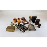 A SMALL GROUP OF LEATHER CASED TRAVEL CUPS, HIP FLASK, BINOCULARS, ETC.