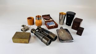 A SMALL GROUP OF LEATHER CASED TRAVEL CUPS, HIP FLASK, BINOCULARS, ETC.