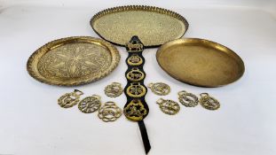 TWO BENARES-TYPE BRASS TRAYS - DIAM 40CM X DIAM 38.5CM ALONG WITH A LARGE BRASS CIRCULAR CHARGER 56.