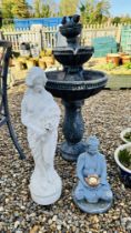 THREE GARDEN ORNAMENTS INCLUDING WATER FEATURE, CLASSICAL LADY AND DEITY FIGURE.