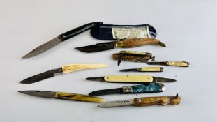 A GROUP OF 10 MAINLY VINTAGE POCKET KNIVES TO INCLUDE RICHARDS, OPINEL ETC - NO POSTAGE OR PACKING.