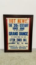 FRAMED VINTAGE POSTER "HOT NEWS" THE 20th CENTURY DANCE BAND IS IN TOWN "THE CLARENCE MOTOR CYCLE