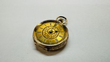 AN ELABORATE ANTIQUE FOB WATCH, THE CASE MARKED 14K WITH ENGRAVED DETAIL IN A VINTAGE BOX.