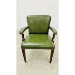 GREEN LEATHERETTE UPHOLSTERED OPEN ELBOW CHAIR.