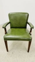 GREEN LEATHERETTE UPHOLSTERED OPEN ELBOW CHAIR.