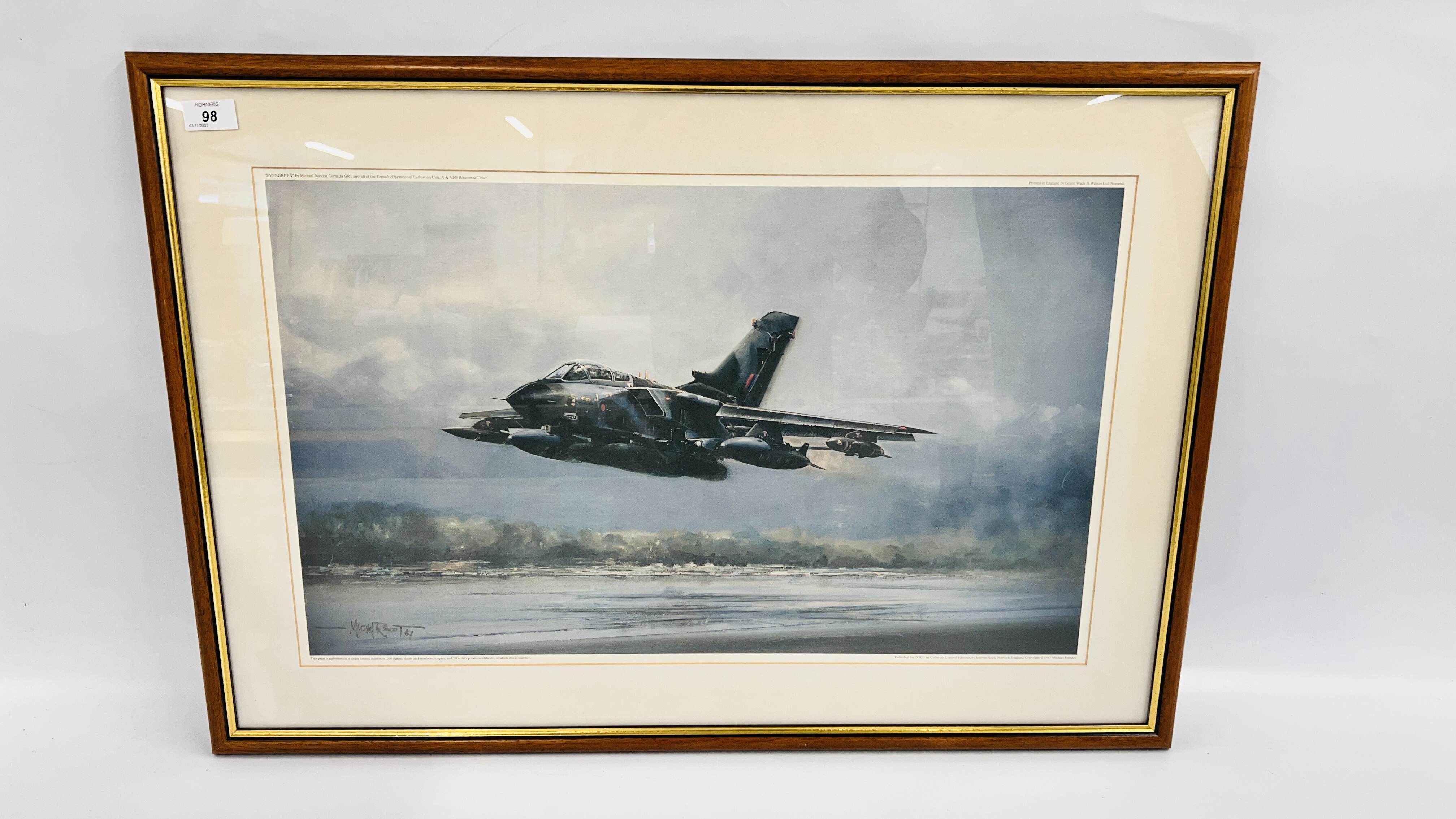 A FRAMED PRINT "EVERGREEN" TORNADO GRI AIRCRAFT BY MICHAEL RONDAT, W 66CM X H 40CM.