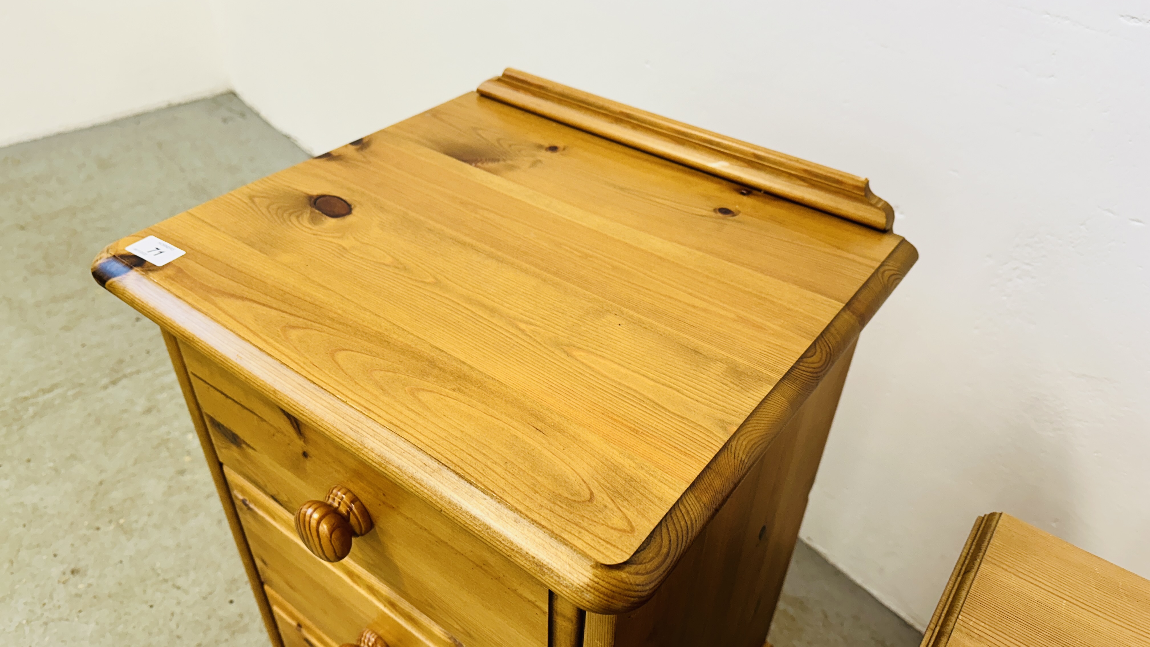 A HONEY PINE 3 DRAWER BEDSIDE CHEST ALONG WITH A FURTHER WAXED PINE EXAMPLE. - Image 5 of 7