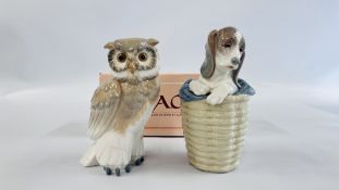 A NAO LLADRO OWL ORNAMENT 00712 WITH ORIGINAL BOX ALONG WITH A LLADRO PUPPY IN A BASKET ORNAMENT H