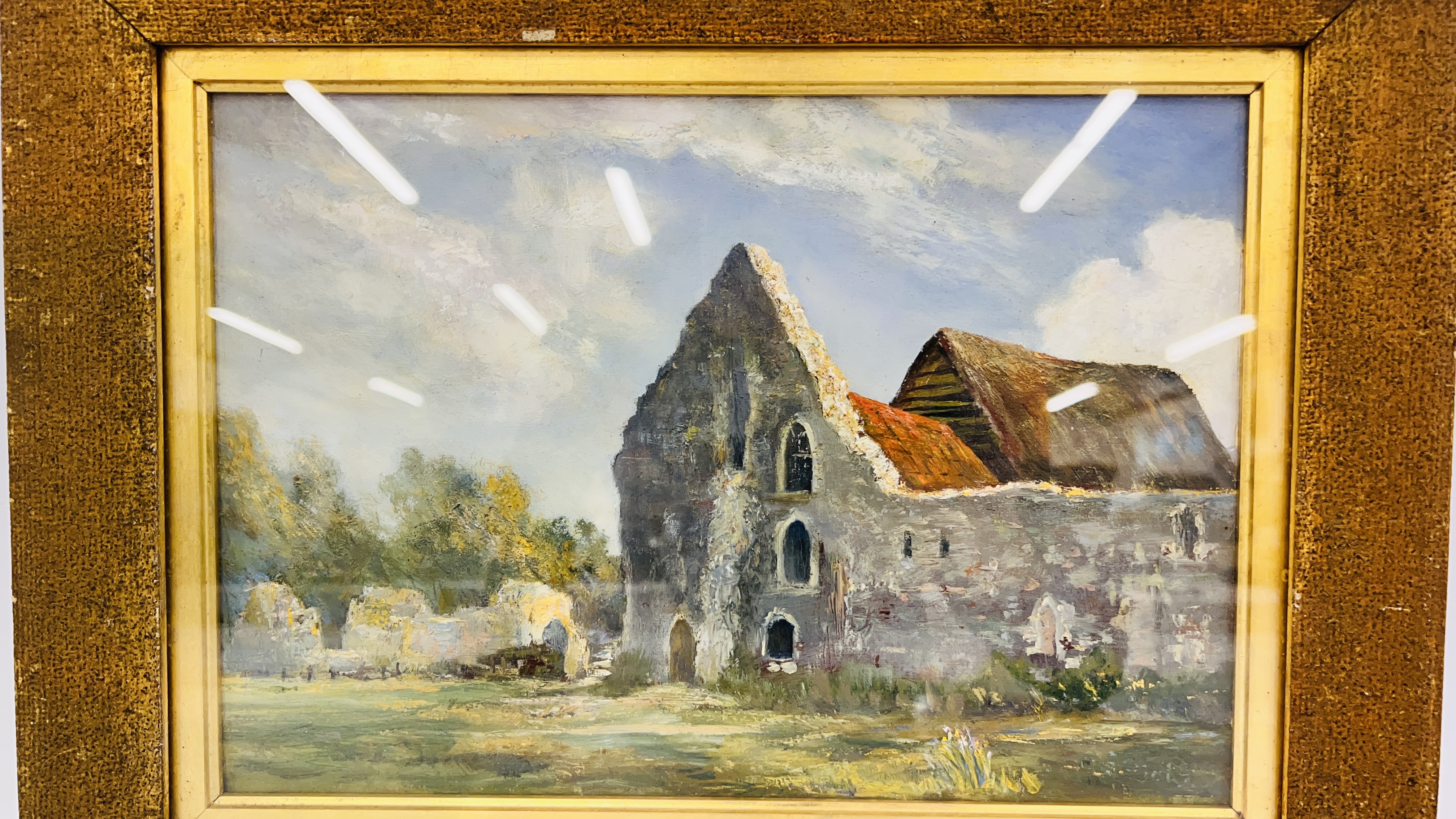 A VINTAGE GILT FRAMED OIL ON BOARD DEPICTING PART OF LANGLEY ABBEY NORFOLK ATTRIBUTED TO AUBREY A. - Image 2 of 5