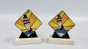 A PAIR OF LORNA BAILEY "CRUISE" PATTERN CONDIMENTS "SALT AND PEPPER" BEARING SIGNATURE H 10CM.