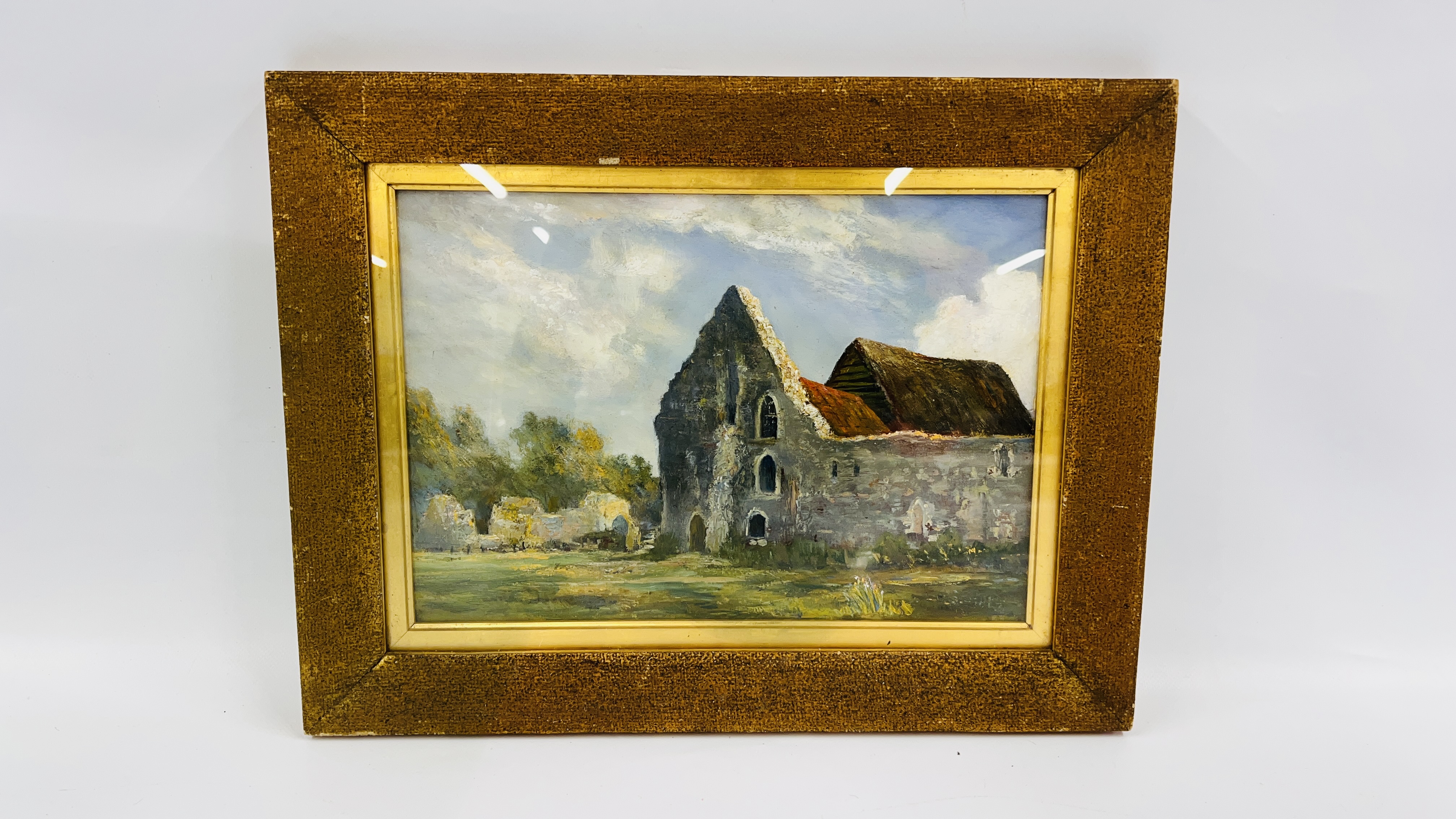 A VINTAGE GILT FRAMED OIL ON BOARD DEPICTING PART OF LANGLEY ABBEY NORFOLK ATTRIBUTED TO AUBREY A.