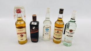 5 BOTTLES OF MIXED RUM TO INCLUDE 1 X 70CL BACARDI, 1 X 750ML COCK SPUR RUM,