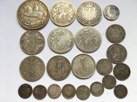 COINS: TUB OF MIXED SILVER INCLUDING ENGLISH VICTORIAN HALFCROWNS (4), 1864 SIXPENCE,