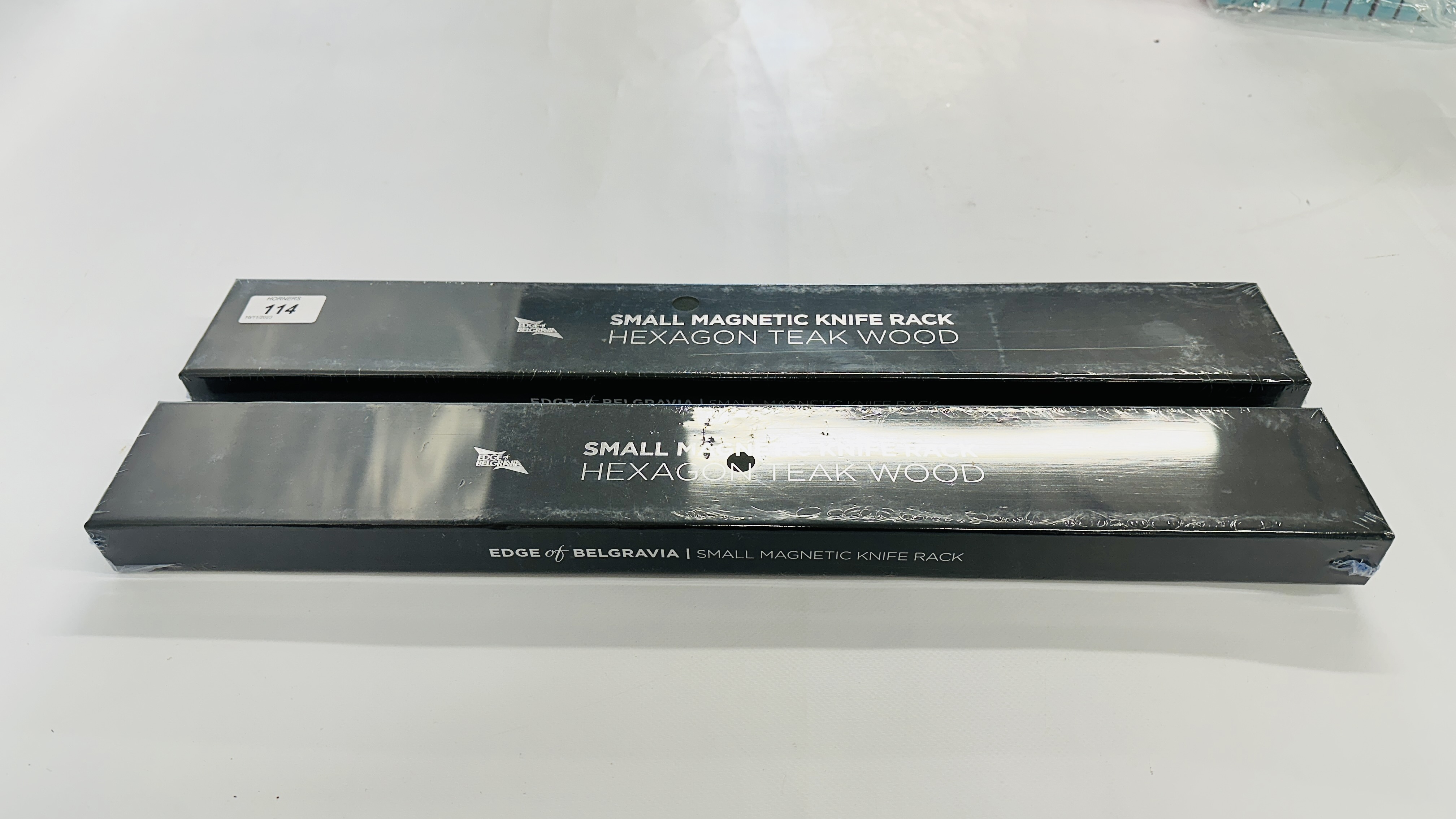 2 X AS NEW BOXED EDGE OF BELGRAVIA SMALL MAGNETIC KNIFE RACK HEXAGON TEAK WOOD. - Image 2 of 3
