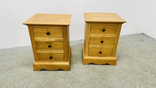 A PAIR OF QUALITY SOLID OAK THREE DRAWER BEDSIDE CABINETS.
