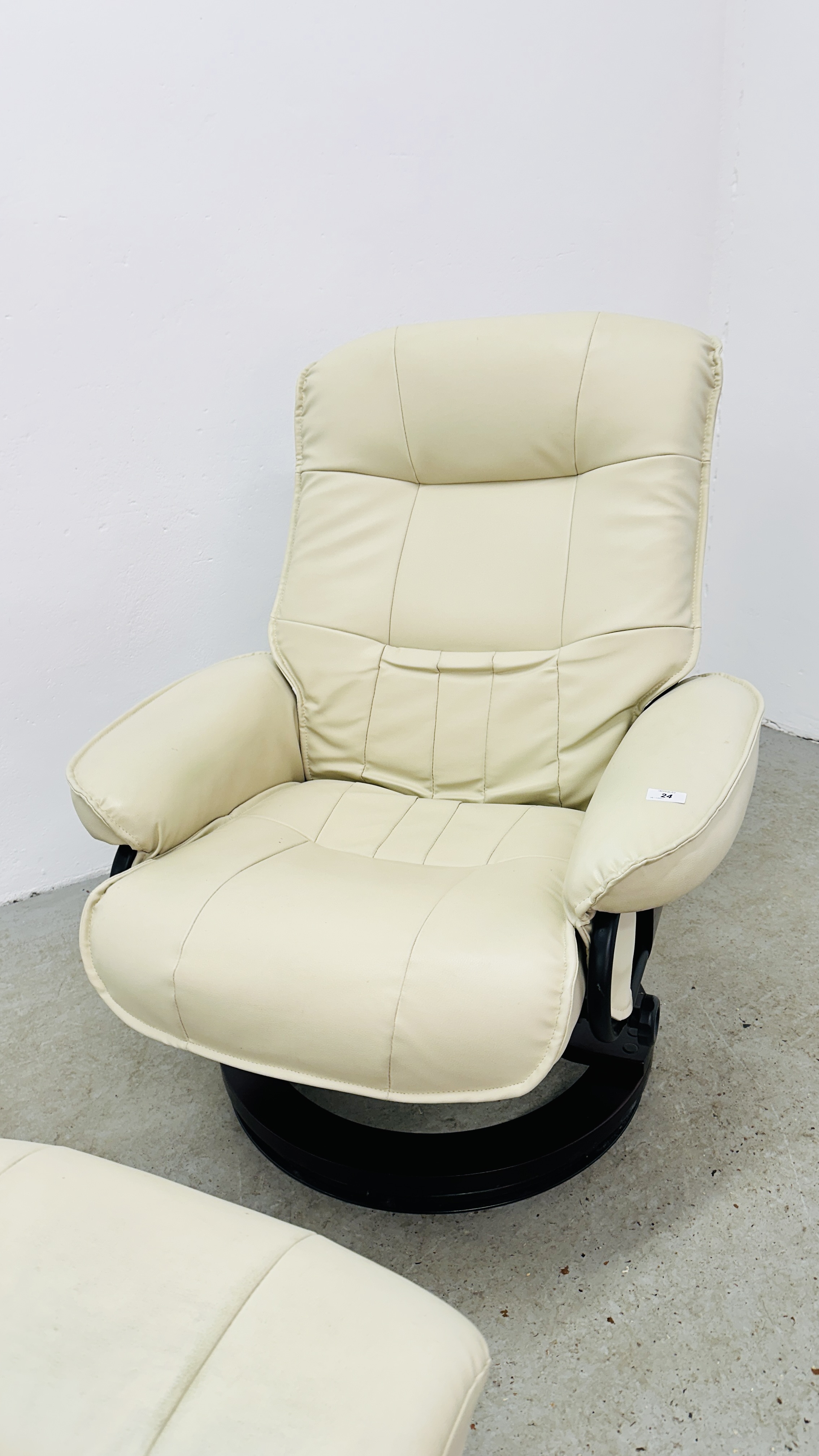 A MODERN CREAM FAUX LEATHER RECLINING RELAXER CHAIR AND FOOTSTOOL. - Image 2 of 12