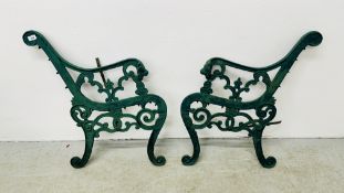 PAIR HEAVY ORNATE CAST IRON BENCH ENDS WITH LION HEAD DETAIL (GREEN).