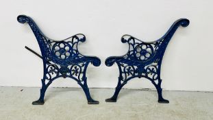 PAIR ORNATE CAST IRON BENCH ENDS (BLUE).
